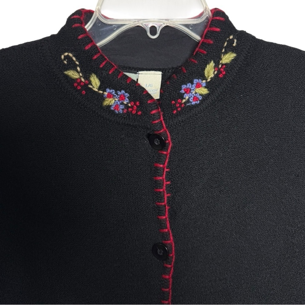 Vintage Floral Embroidered Boiled Wool Cardigan Sweater Jacket Size Large Black - Picture 5 of 8